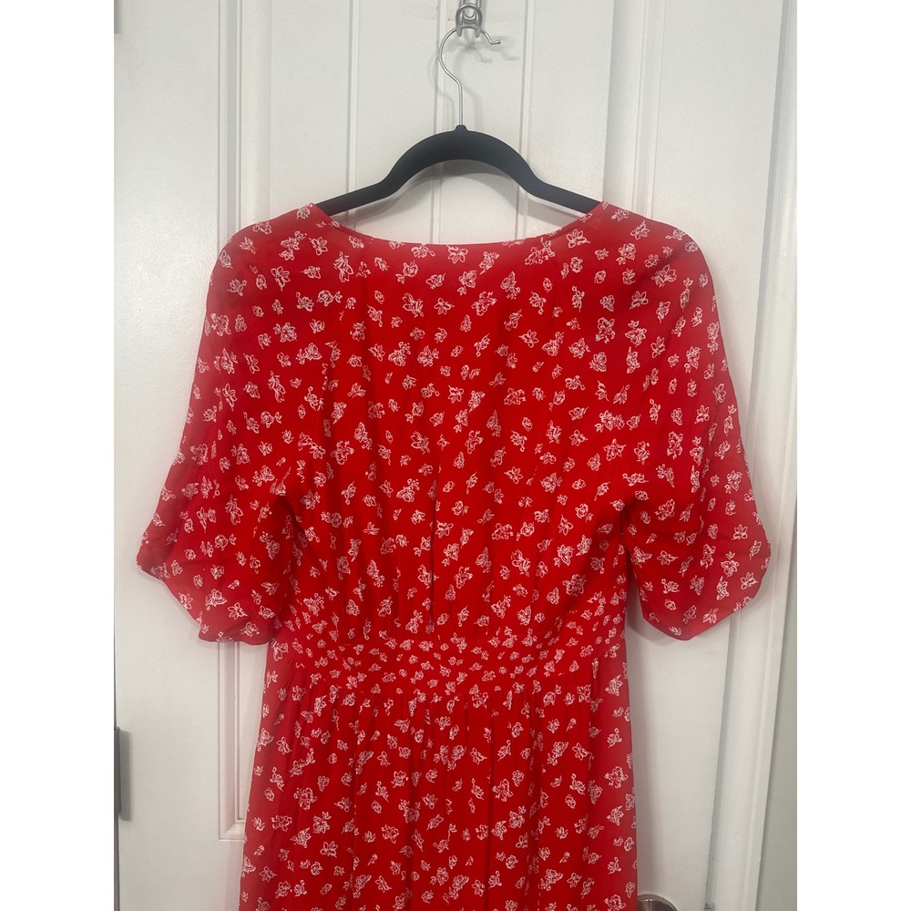 French Connection Red Floral V-Neck Midi Dress Empire Waist Ruffle Hem Size 6 - Picture 9 of 12